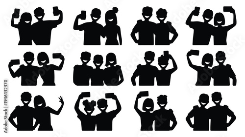 Bundle of 12 fun friends icon set in black silhouette on white background various poses and gestures