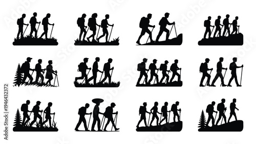 Set of outdoor friends hiking silhouette icons people walking trekking and traveling together in nature adventure and exploration concepts