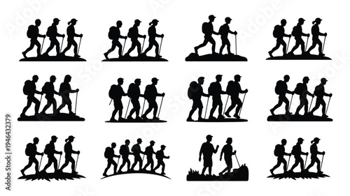 Set of outdoor friends hiking silhouettes walking with trekking poles on various terrains and in different group sizes