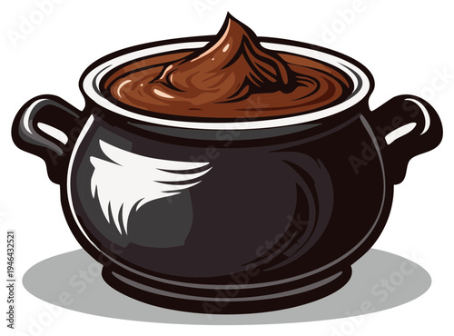 Earthenware bowl filled with dark brown Chocolate food dish with handle food dessert delicious