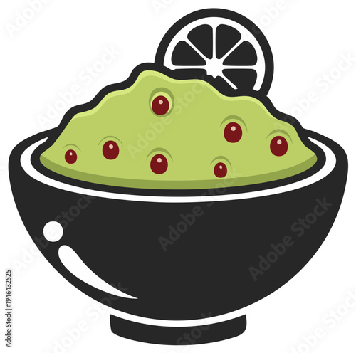 Delicious Guacamole in a Black Bowl with Lime Slice Food Illustration Icon