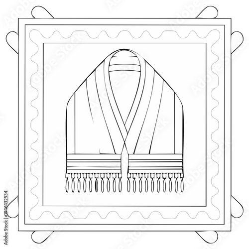 Traditional prayer shawl with decorative border and tassels in outline style