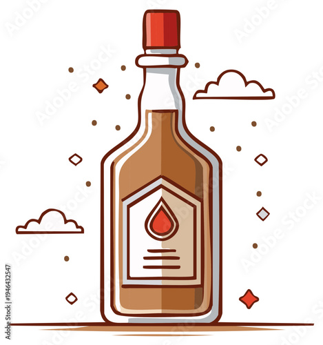 Liquid Amber Bottle with Red Cap and Abstract Decorations