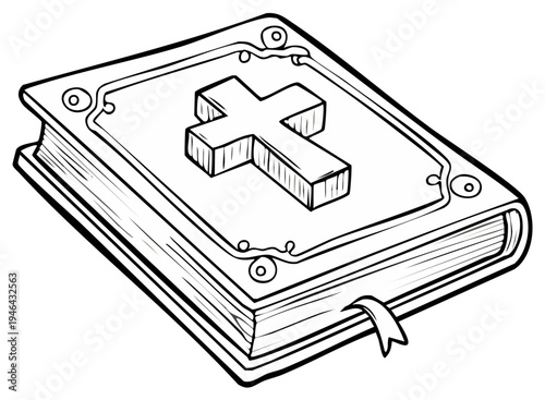 Religious book with cross emblem on cover and bookmark, outline illustration