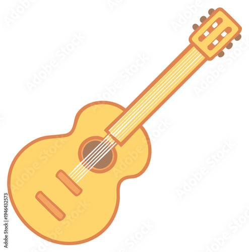 Illustration of a six-string acoustic guitar with a light wood body and neck