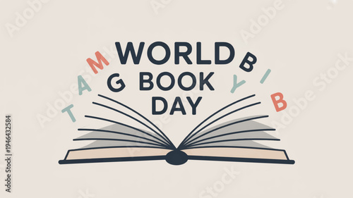 World book day logo with open book and colorful tags on beige background symbolizing reading and literature