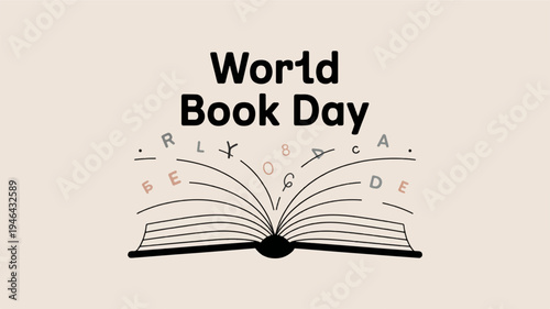 World book day celebration with open book and flying letters on beige background