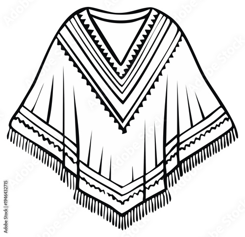 Traditional Ethnic Poncho Outerwear with Fringed Edges and Geometric Patterns
