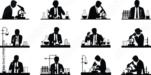Silhouettes of scientists in lab coats conducting experiments with microscopes and laboratory equipment