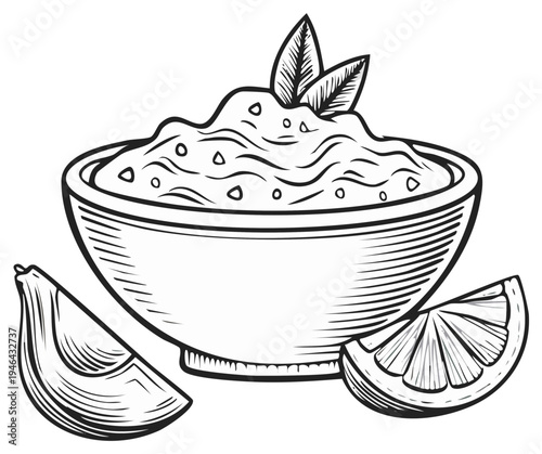Bowl of dip with lime wedges, simple food illustration