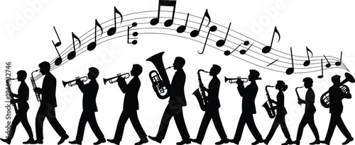 Silhouettes of musicians playing various instruments with musical notes above them in a marching band formation