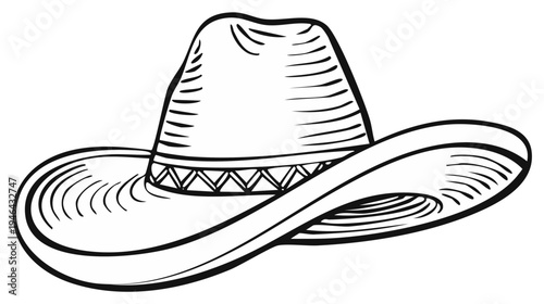 Classic cowboy hat with decorative band and wide brim in a stylized line drawing