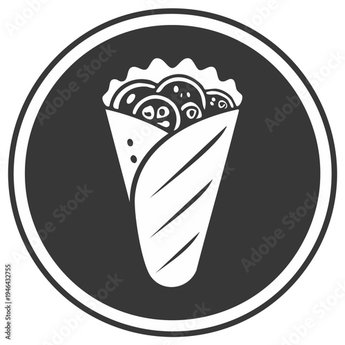 Delicious Middle Eastern Wrap Illustration Featuring Vegetables and Meat in a Dark Circle Frame Icon Style for Fast Food Advertisements