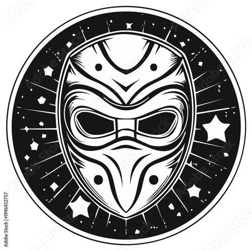 Tribal Mask Emblem With Stars and Sunburst Outline