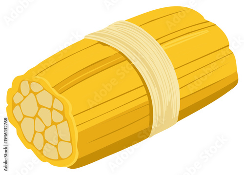 Freshly wrapped corn tamale bundle with golden kernels and tied with a light straw band