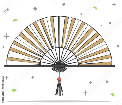 Decorative handheld folding fan with tassels and festive background elements