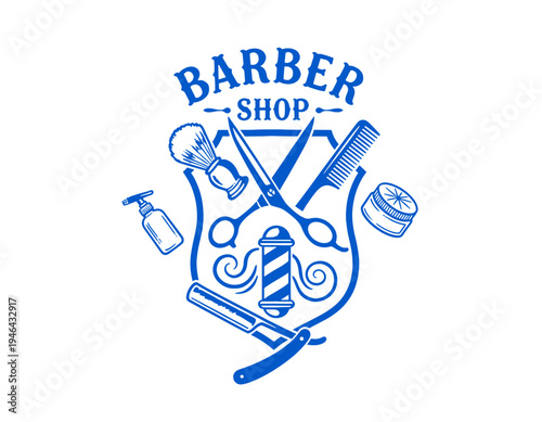 Barber shop logo, vintage, retro, haircut, grooming, barber pole, scissors, comb, straight razor, shaving brush, men's salon, classic emblem, hair style.