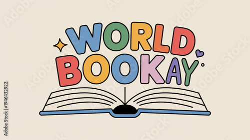 Colorful 'world bookay' logo on open book symbolizing reading and literature with vibrant letters