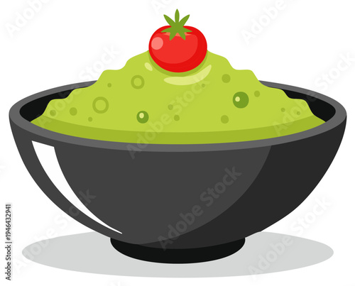 Deliciously fresh guacamole dip topped with a vibrant red tomato in a dark bowl