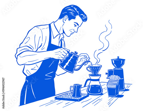 Barista, coffee making, pour over brew, vintage illustration, retro style, cafe, hot drink, manual brewing, male, coffee shop, fresh aroma
