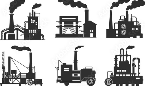 Six black and white industrial factory and machinery emitting smoke