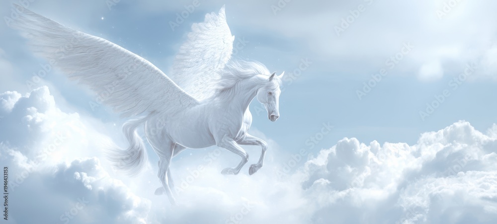 Naklejka premium The Pegasus Soaring Through Ethereal Clouds in a Serene Dreamlike Morning Sky