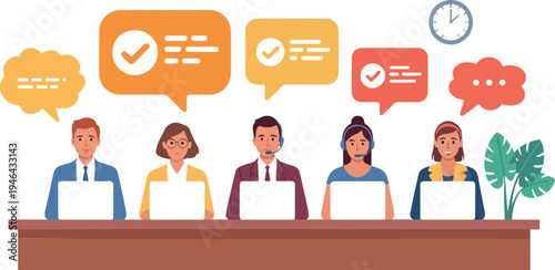 Call center operators wearing headsets working at desks customer support agents men and women communicating with clients isolated vector illustration