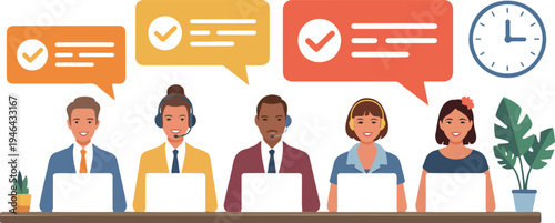 Call center operators wearing headsets working at desks customer support agents men and women communicating with clients isolated vector illustration