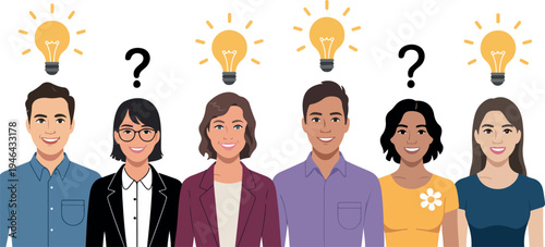 Set of thoughtful people cartoon men and women thinking planning pondering with question marks and light bulbs isolated vector illustration