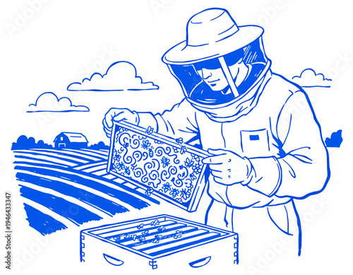 Beekeeper, honey, bees, apiary, farming, rural, harvest, honeycomb, hive, natural, organic, inspecting, line art illustration, farm, blue, vector