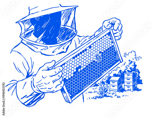 Beekeeper, honey farm, apiculture, honeycomb, bee hive, honey bee, farming, agriculture, organic, natural, harvest, apiary, illustration, line art.