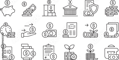 Collection of hand drawn financial and investment icons isolated on transparent background