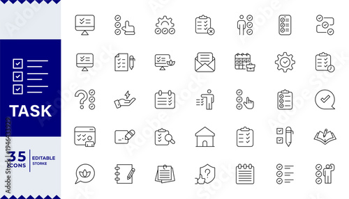 Task icon set. Containing checklist, poll, multitasking, decision, voting, checkbox, Task. Problem solving, checklist Outline Icon Collection. Editable stroke.