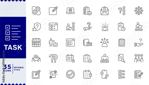 Task icon set. Containing checklist, poll, multitasking, decision, voting, checkbox, Task. Problem solving, checklist Outline Icon Collection. Editable stroke.