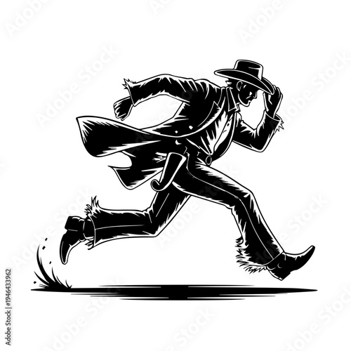 Cowboy in Action Running Across Dusty Frontier With Determination and Wild West Energy Vector