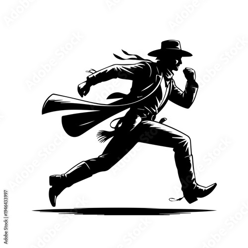 Cowboy in Action Running Across Dusty Frontier With Determination and Wild West Energy Vector