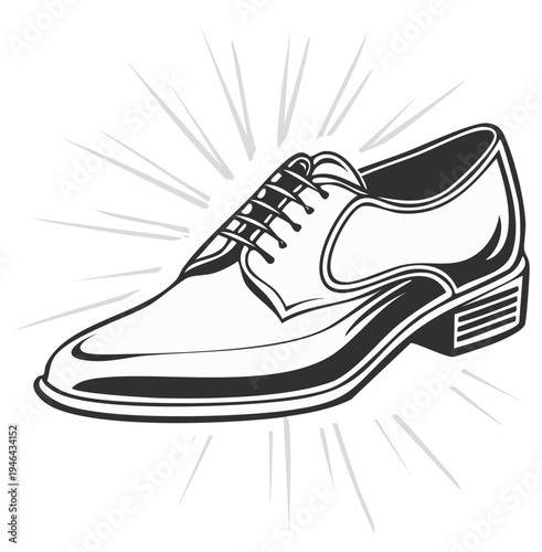 Elegant dress shoe in a bold outline graphic style with radiating light, black and white illustration of male footwear