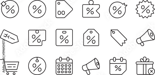 Collection of hand drawn percentage and sale discount icons in various shapes and styles