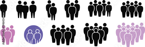 Various groups of people in different colors and arrangements on a white background black pink purple
