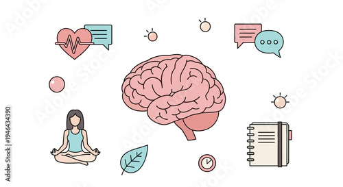 Brain with a woman meditating peacefully.