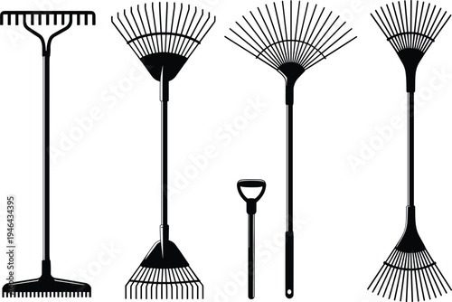 Vector illustration of five different garden tools including rakes and shovel handle, landscaping equipment concept for agriculture and gardening design visuals