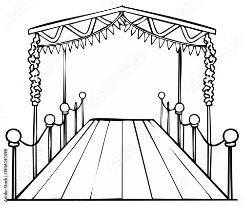 Decorative wedding aisle with ornate canopy and red carpet lined with stanchions and floral garlands