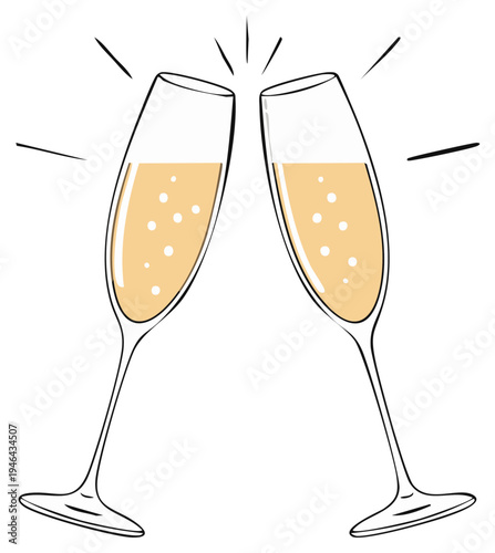 Two champagne flutes clinking together with bubbles and sparkling highlights