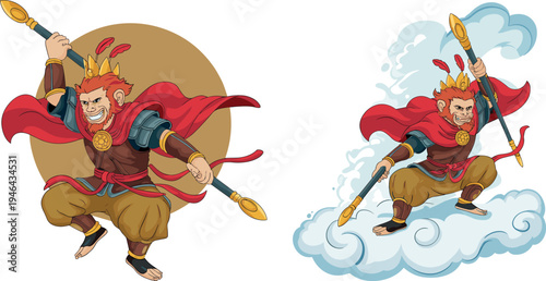 Mythical monkey king warrior illustration set holding golden spear, flying on cloud with red cape, fantasy legend character design isolated on light background
