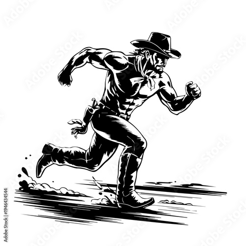 Cowboy in Action Running Across Dusty Frontier With Determination and Wild West Energy Vector