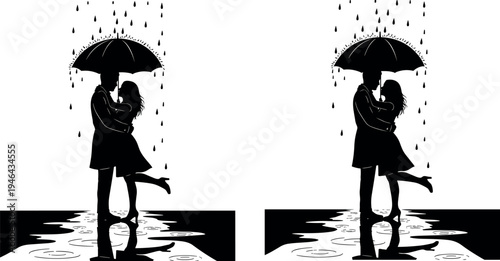 Romantic couple silhouettes hugging under umbrella in heavy rain with puddle reflection, love relationship illustration isolated on light background for romance wedding design