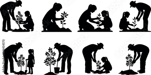Parent and child planting tree silhouettes collection showing family gardening teamwork, nurturing seedlings and environmental care activities, eco lifestyle illustration isolated on light background