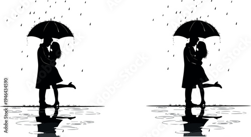 Romantic couple silhouettes kissing under umbrella in rain with reflection in puddle, love relationship illustration isolated on light background for wedding and romance design
