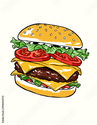 Cheeseburger illustration, fast food, burger cartoon, vibrant art, delicious, juicy patty, cheese, lettuce, tomato, classic American, retro pop art style