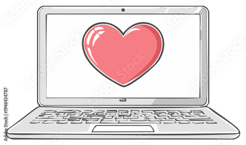 Laptop screen displays cartoon heart for Valentine's Day online dating or love of technology concept.